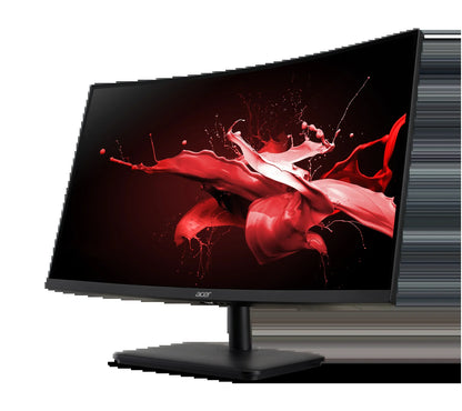 Acer curved computer monitor with red paint splash graphic on screen, black stand and bezel