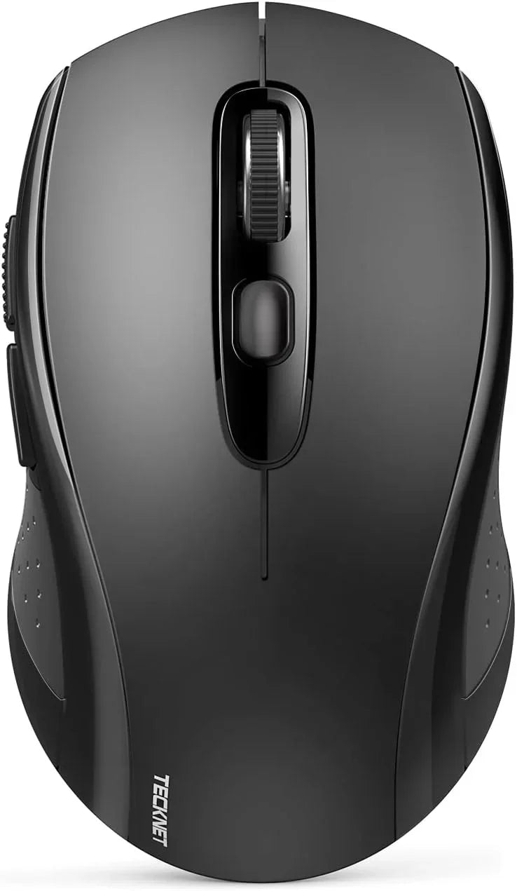 Black ergonomic wireless gaming mouse with side buttons and scroll wheel, top view