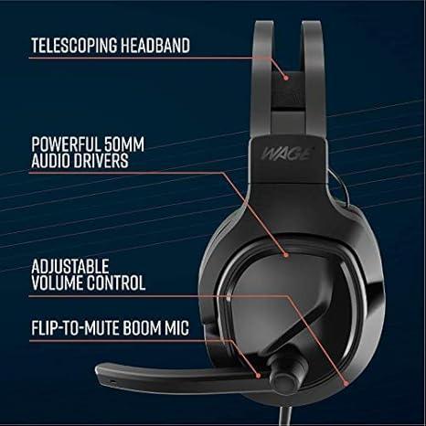 Black gaming headset with telescoping headband, 50mm audio drivers, volume control, flip-to-mute boom mic.