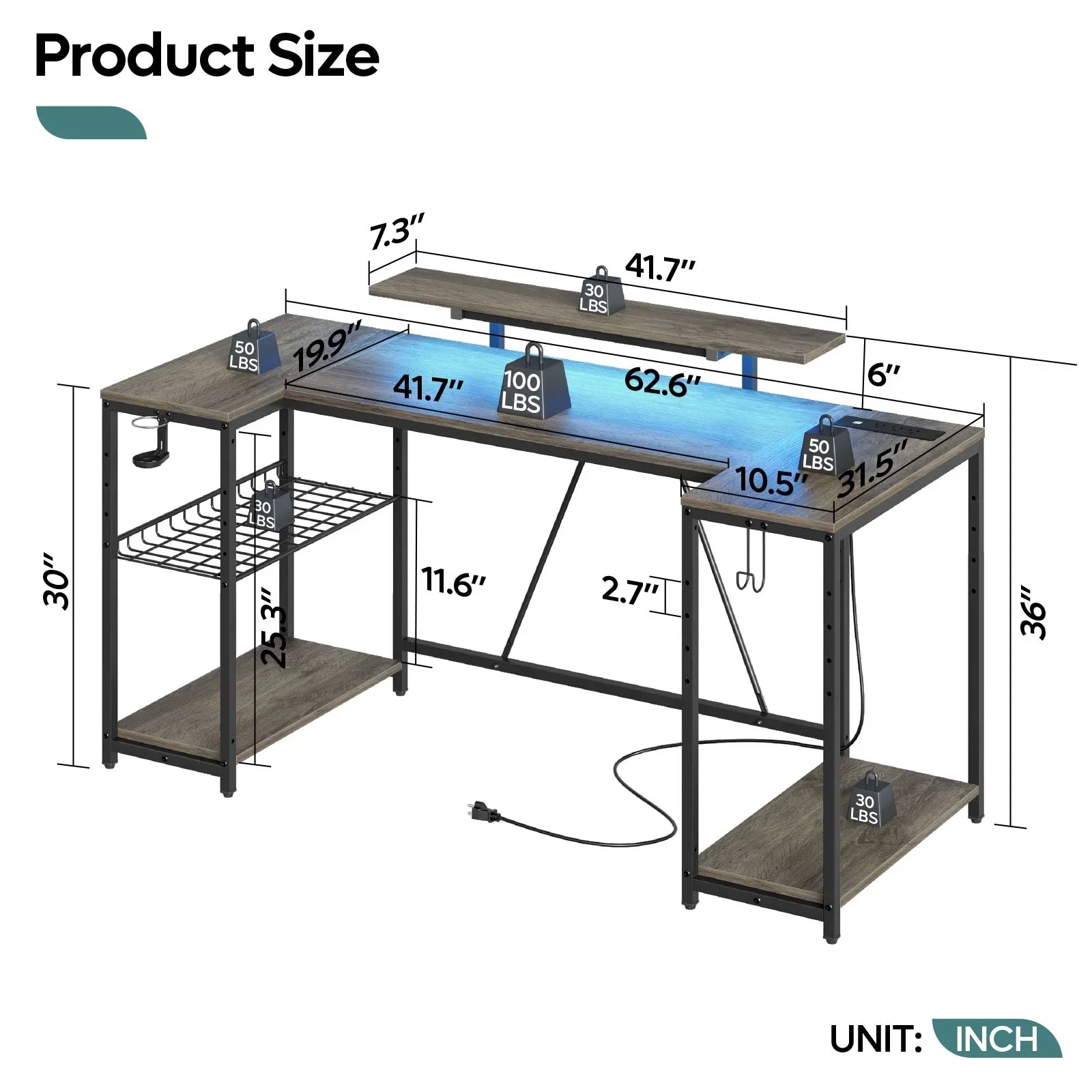 L-shaped wooden office desk with metal frame, multiple shelves, and weight/load capacities labeled in inches