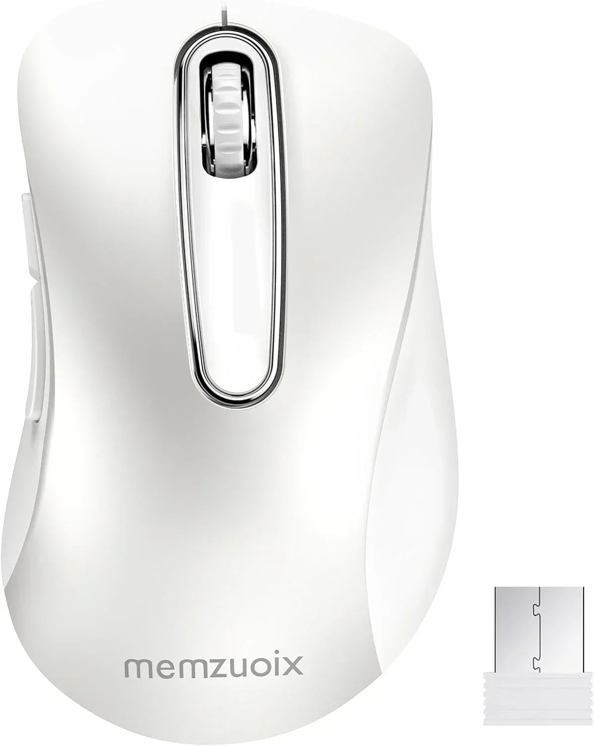 White wireless computer mouse with USB receiver and scroll wheel, top view