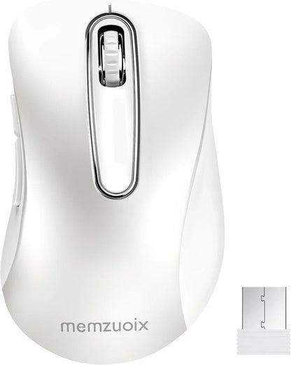 White wireless computer mouse with USB receiver and scroll wheel, top view