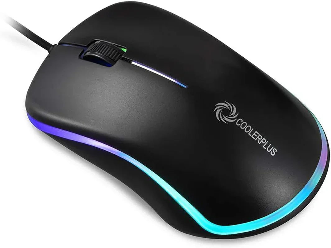 Black gaming mouse with RGB lighting and Coolerplus logo, wired ergonomic design
