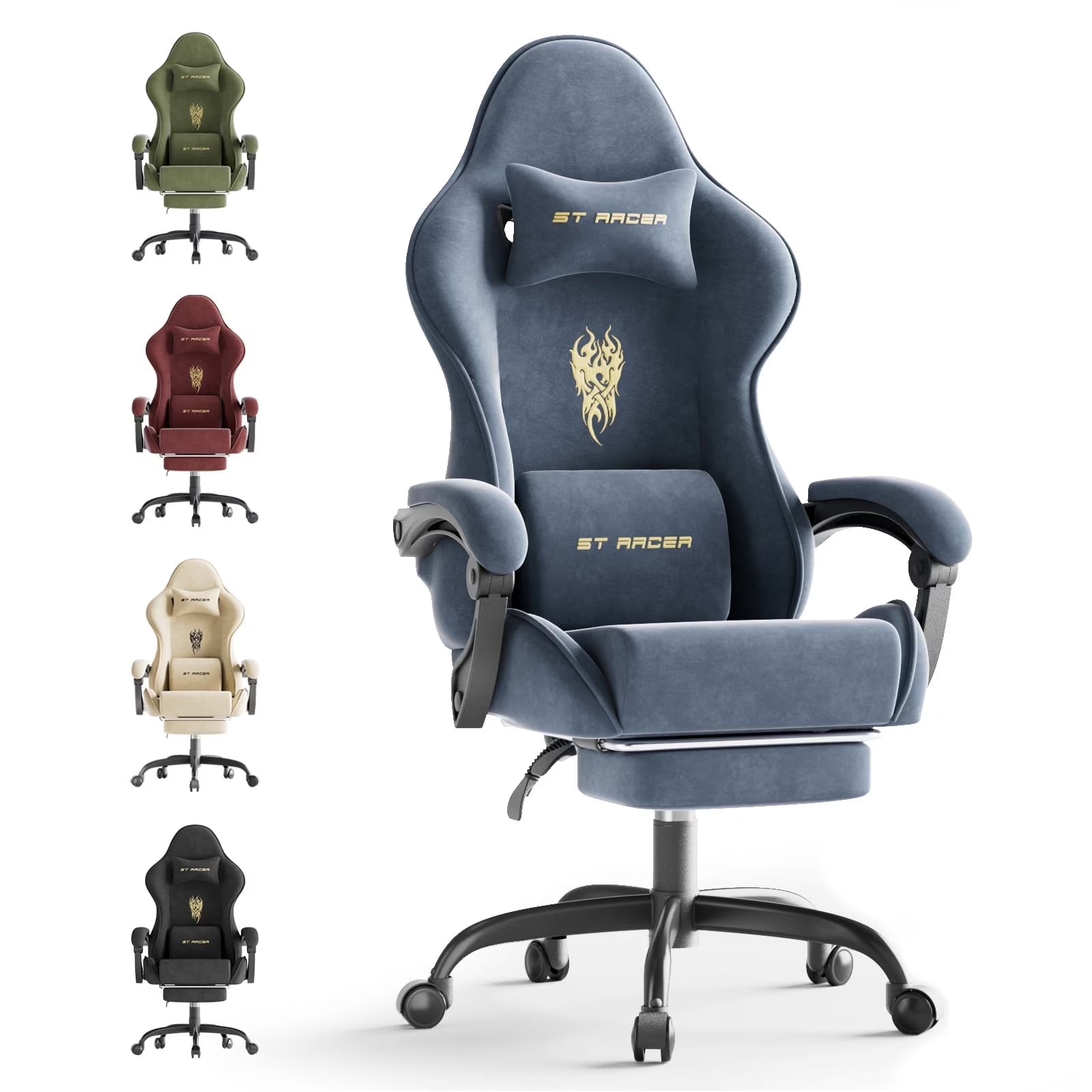 ST RACER gaming chair in blue with gold logo, shown with green, red, beige, and black color options