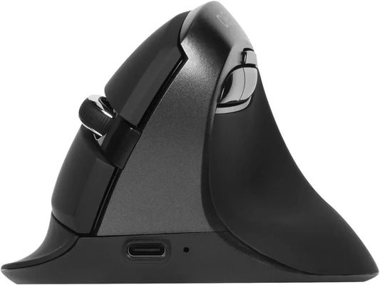 Ergonomic vertical wireless mouse with scroll wheel and USB-C port, side view