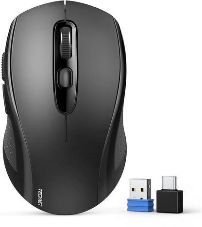 Black wireless ergonomic computer mouse with USB and USB-C receivers on white background