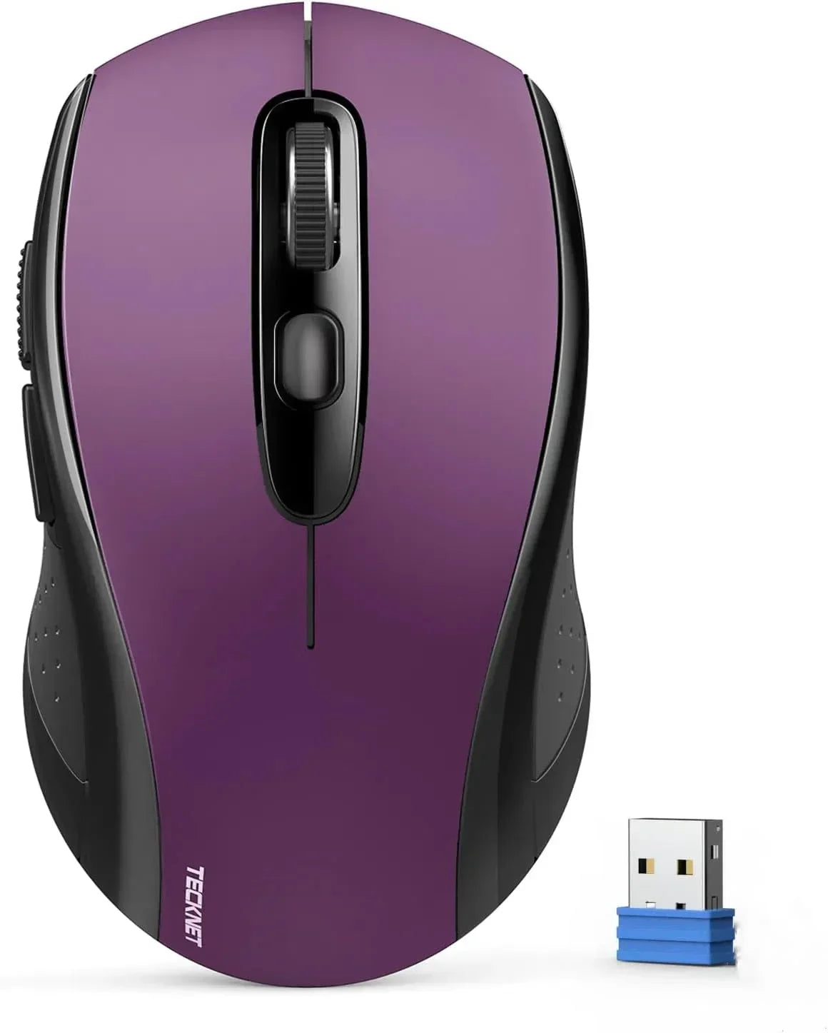 Purple wireless computer mouse with USB receiver, ergonomic design, black side grips