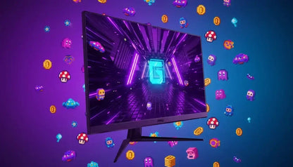 MSI gaming monitor with neon purple digital tunnel and pixelated game characters and coins on purple blue background