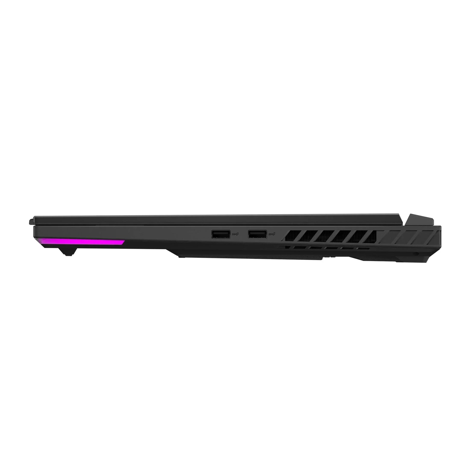 Slim black gaming laptop side view with USB ports and purple RGB lighting