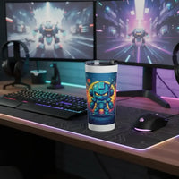 Gaming desk setup with dual monitors displaying robot game, RGB keyboard, mouse, headset, and robot-themed tumbler