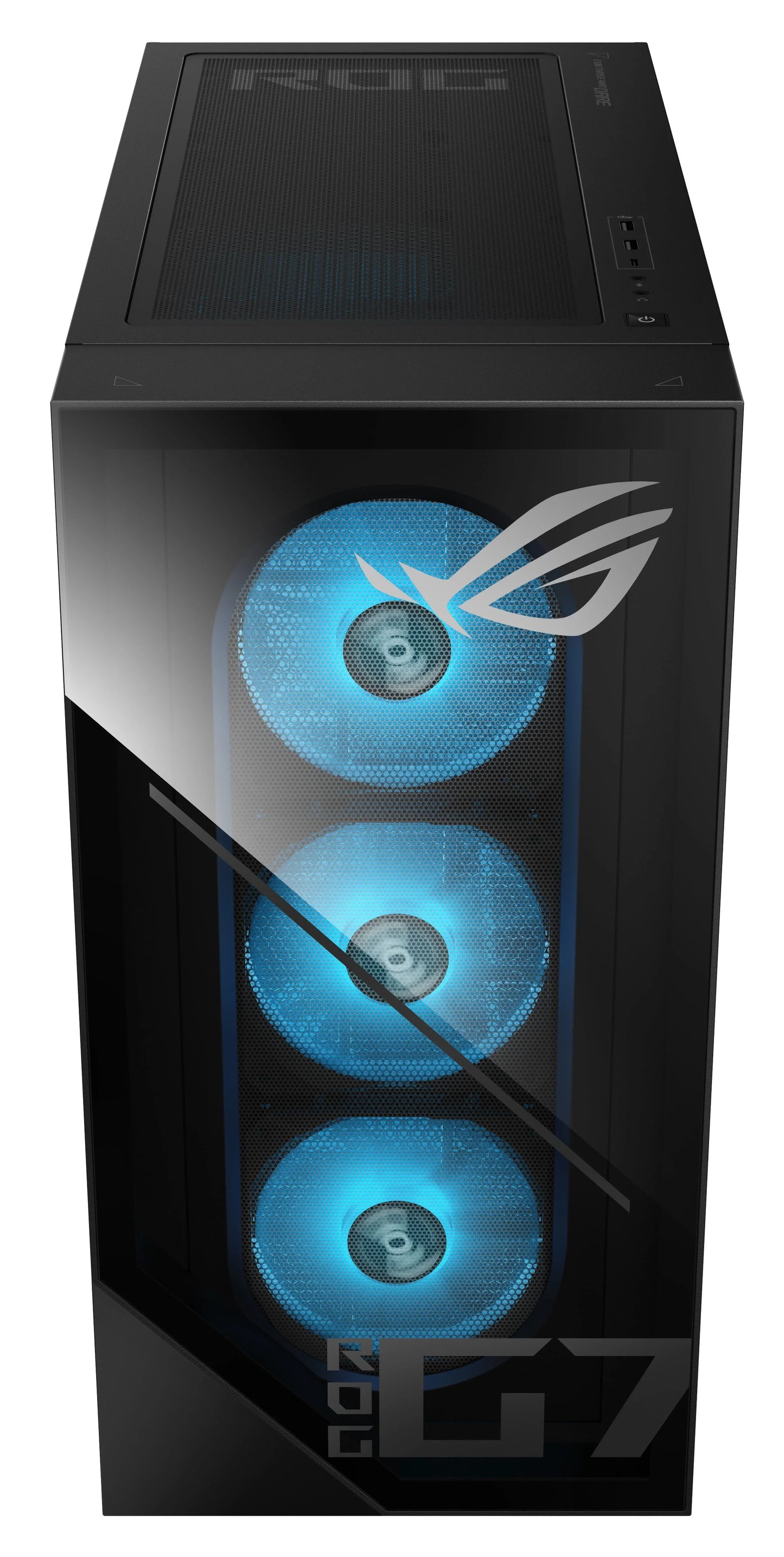 ROG C7 gaming PC case with triple blue LED cooling fans and tempered glass front panel