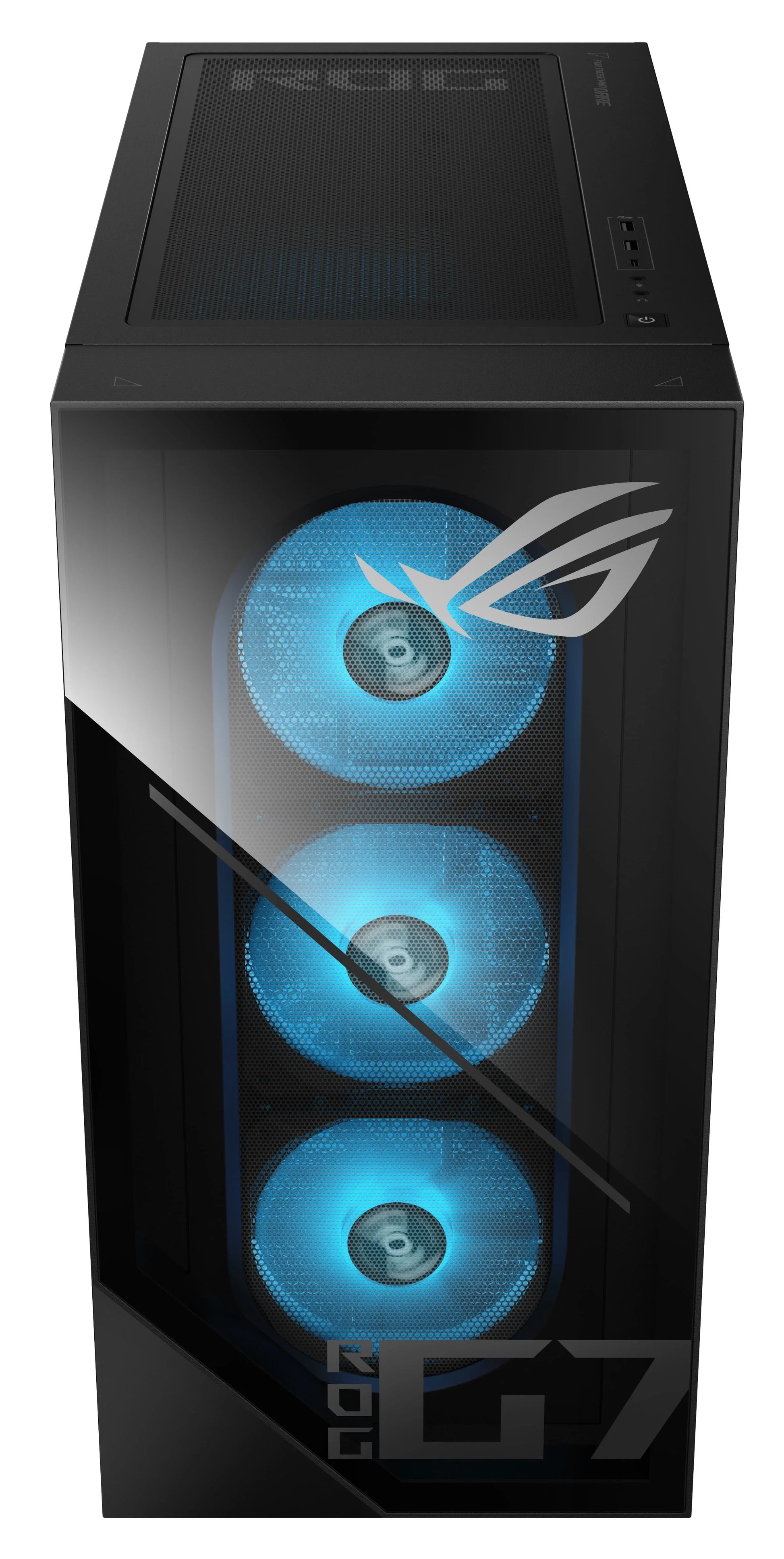 ROG C7 gaming PC case with triple blue LED cooling fans and tempered glass front panel