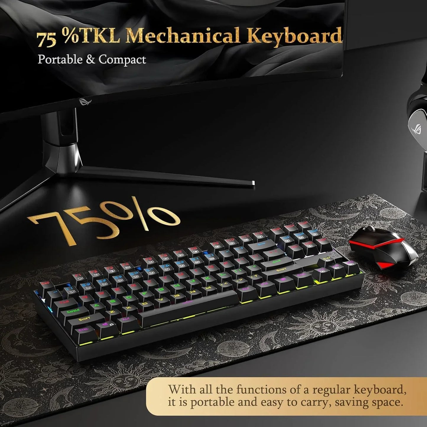 75% TKL mechanical keyboard with RGB lighting and gaming mouse on desk, Byte Style gaming gear