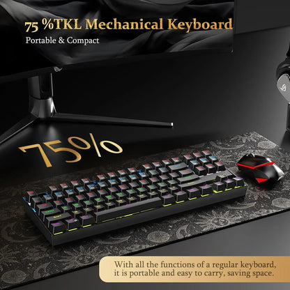 75% TKL mechanical keyboard with RGB lighting and gaming mouse on desk, Byte Style gaming gear