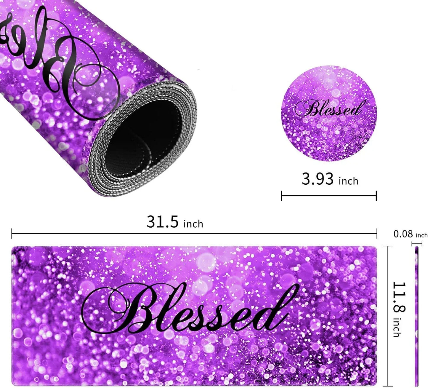 Purple glitter gaming desk mat with word Blessed in black script, 31.5x11.8 inches, 0.08 inch thick
