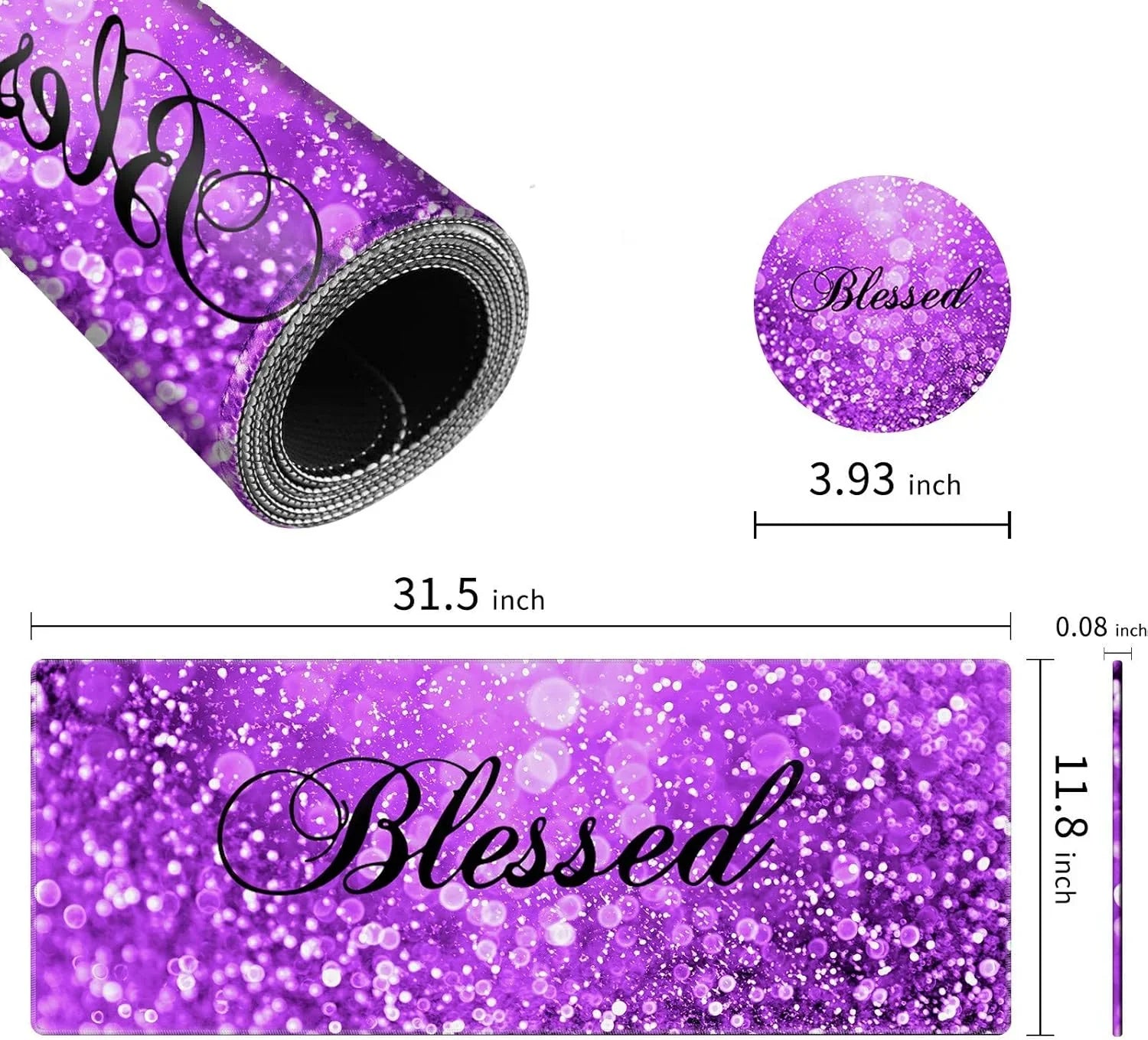 Purple glitter gaming desk mat with word Blessed in black script, 31.5x11.8 inches, 0.08 inch thick