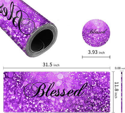 Purple glitter gaming desk mat with word Blessed in black script, 31.5x11.8 inches, 0.08 inch thick