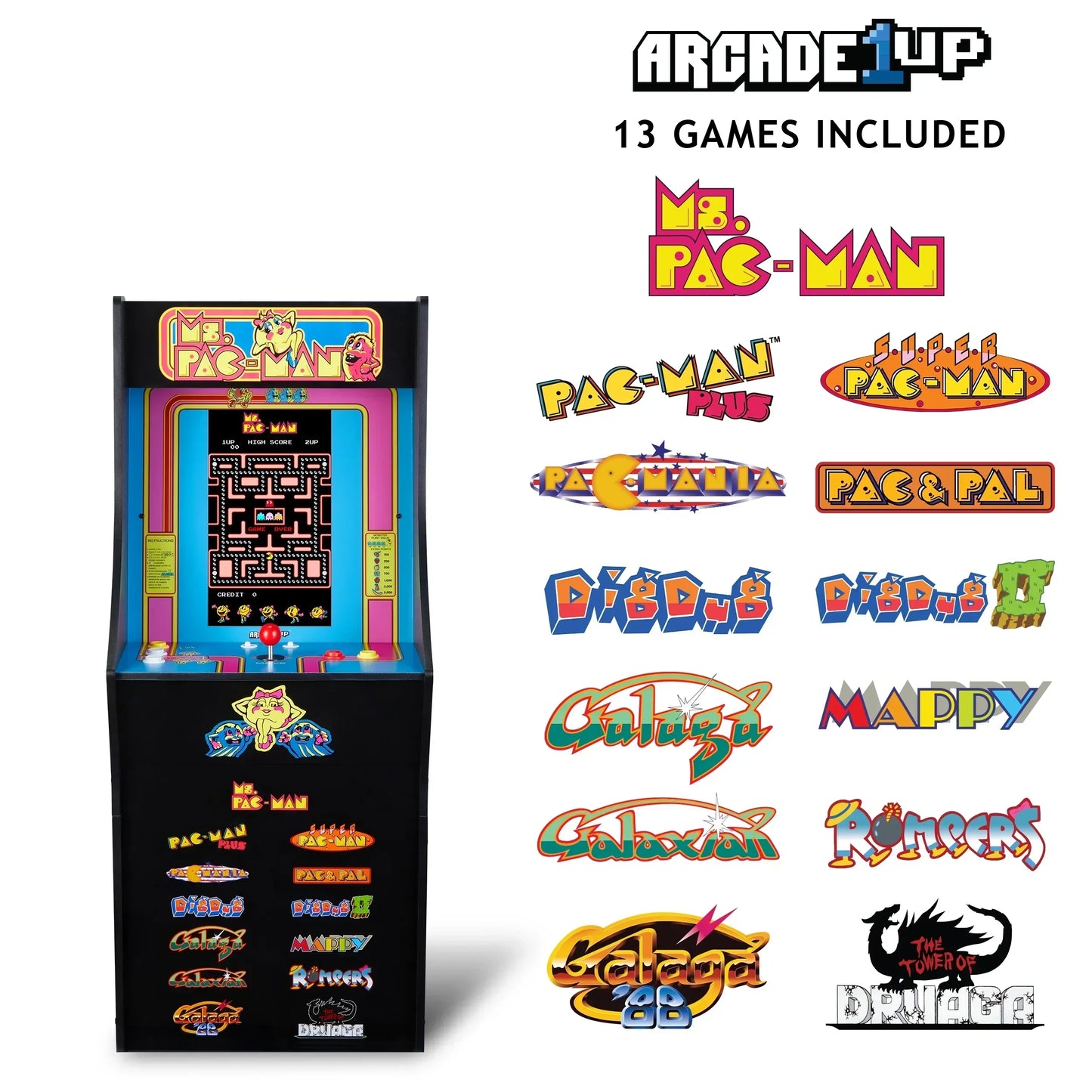 Arcade1Up Ms. Pac-Man retro arcade cabinet with 13 classic 8-bit games, colorful gaming design.