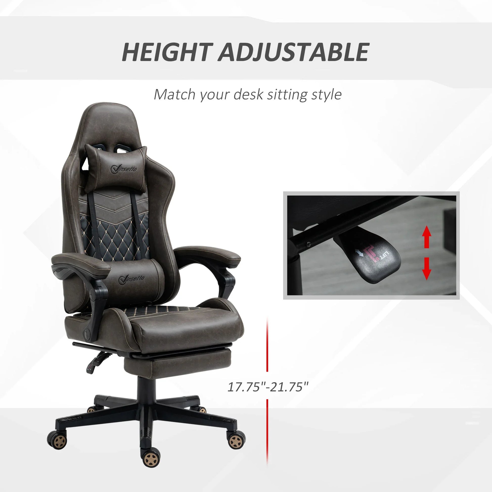 Height adjustable brown leather gaming chair with lumbar and neck pillows, and close-up of adjustment lever