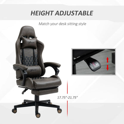 Height adjustable brown leather gaming chair with lumbar and neck pillows, and close-up of adjustment lever