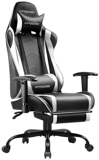Black and white GTRACING gaming chair with lumbar support, headrest, and adjustable armrests for ergonomic comfort.