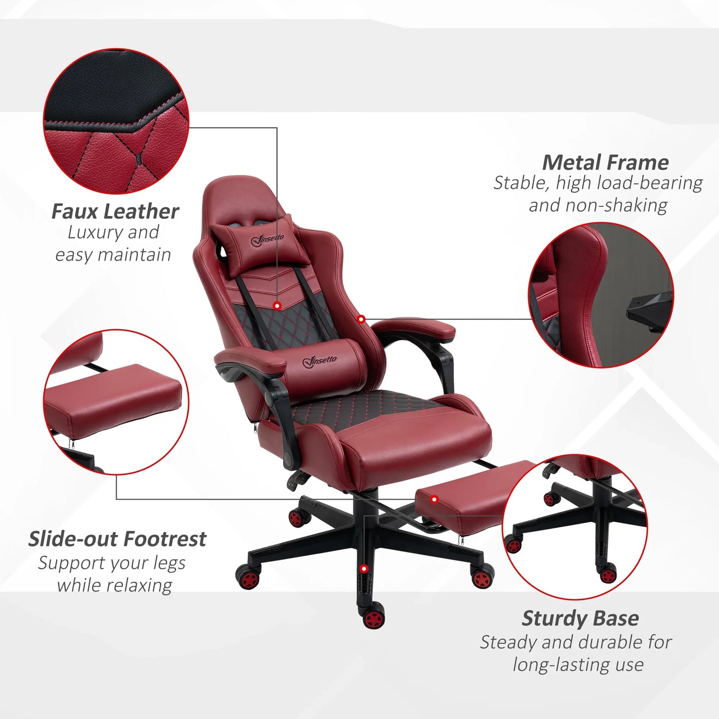 Red and black gaming chair with faux leather, metal frame, slide-out footrest, and sturdy base close-ups