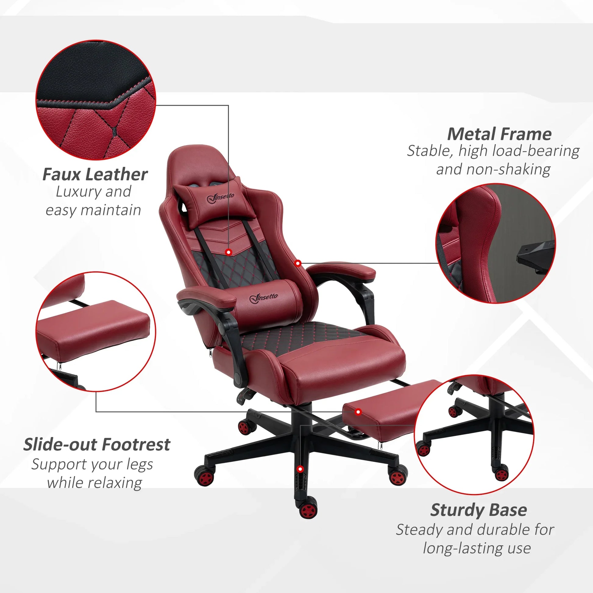 Red and black gaming chair with faux leather, metal frame, slide-out footrest, and sturdy base close-ups