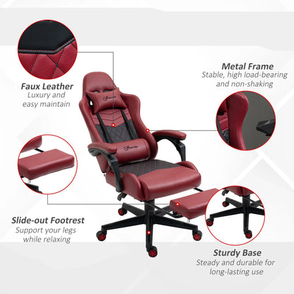 Red and black gaming chair with faux leather, metal frame, slide-out footrest, and sturdy base close-ups