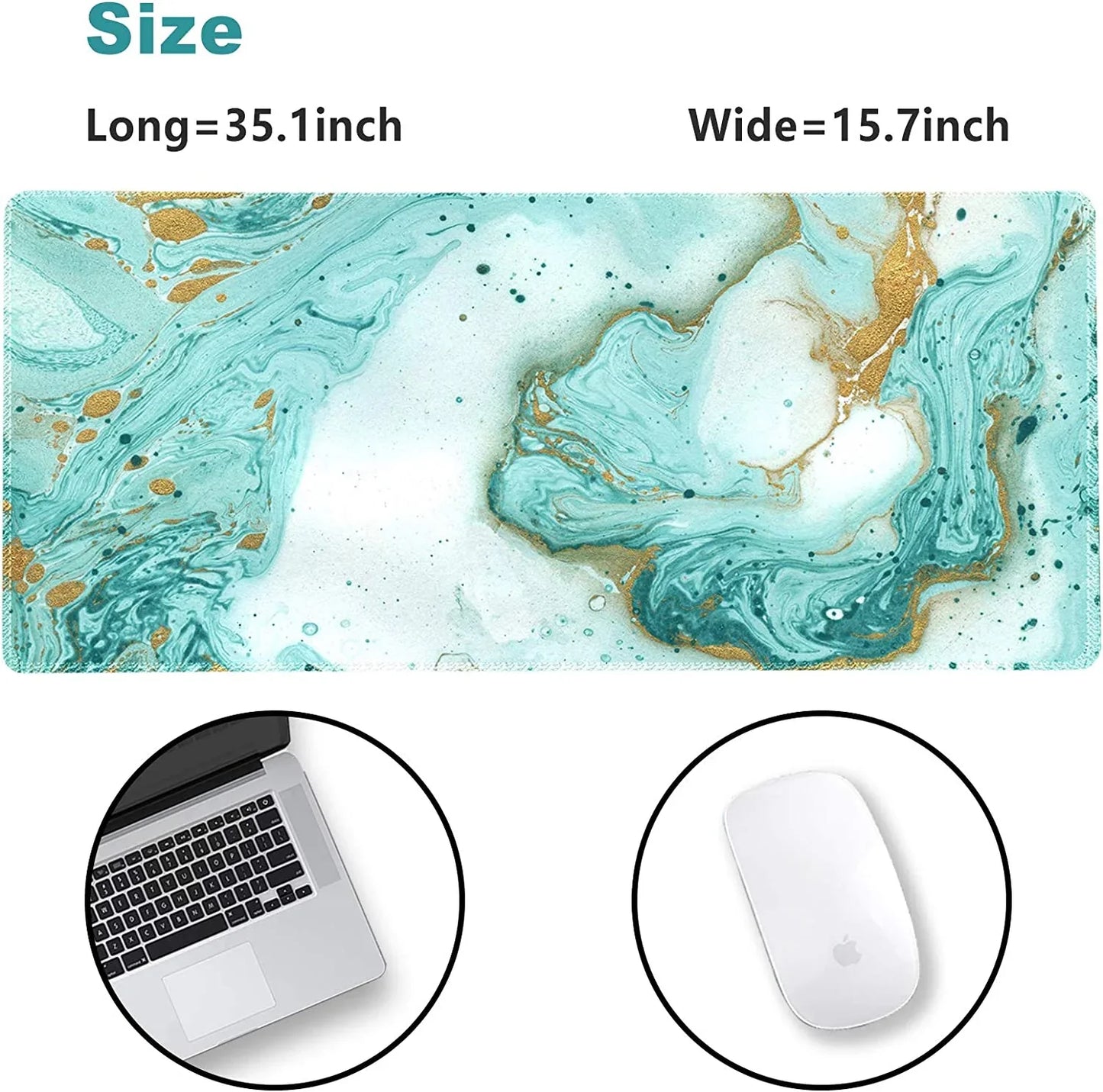Large desk mouse pad with marble pattern in teal and gold, sized 35.1 by 15.7 inches, shown with laptop and white mouse