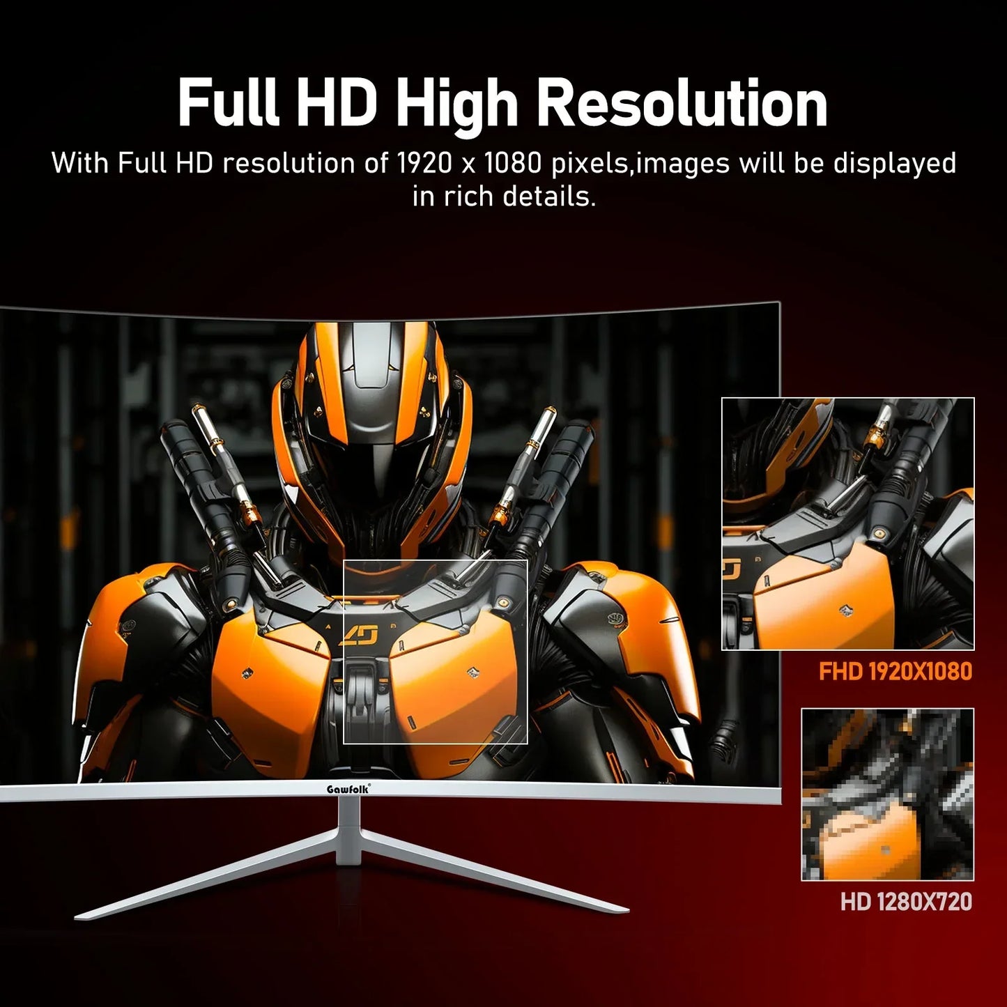 Curved Gawfolk monitor displaying sharp Full HD 1920x1080 resolution image of orange and black futuristic robot