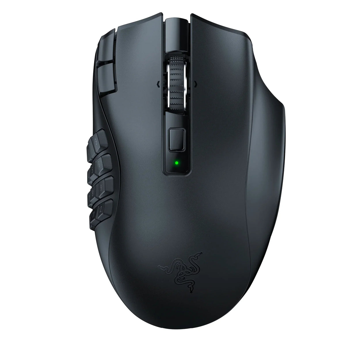 Black gaming mouse with 12 side buttons, scroll wheel, and green LED indicator