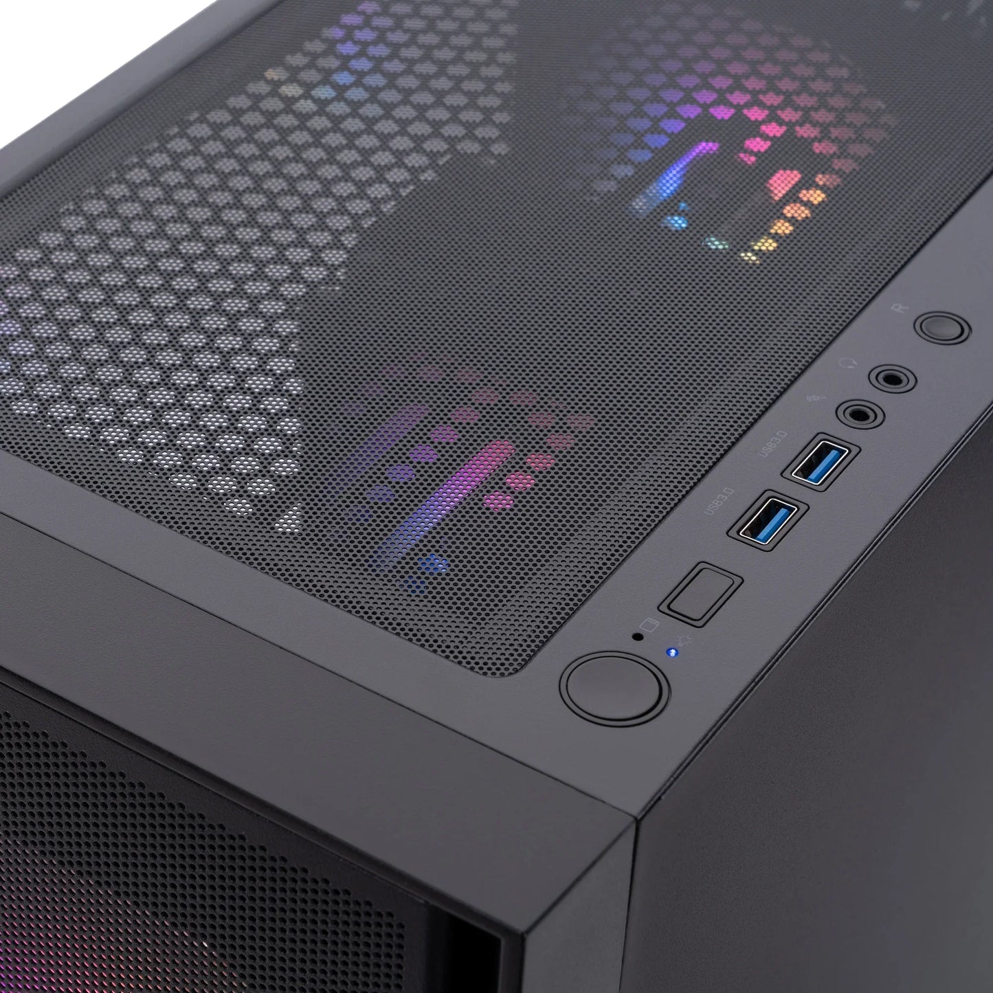 Close-up of black gaming PC case top panel with perforated mesh, RGB-lit fans, power button, USB 3.0 ports, and audio jacks