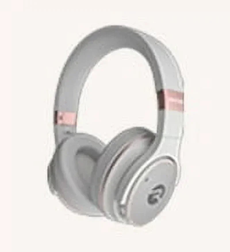 Gray and pink wireless gaming headset with cushioned earcups on a light background