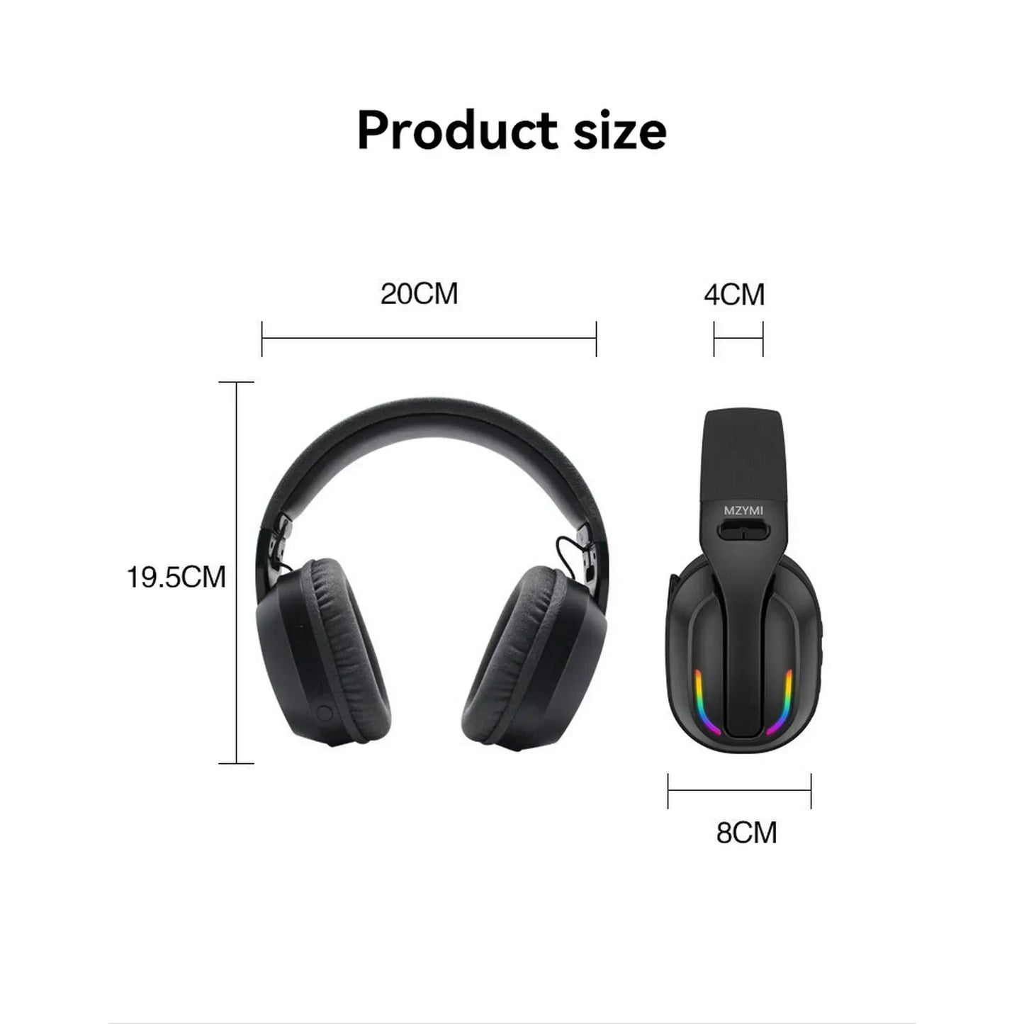 Black gaming headset with RGB lights, shown with dimensions 20x19.5x8 cm, product size chart