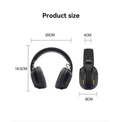 Black gaming headset with RGB lights, shown with dimensions 20x19.5x8 cm, product size chart