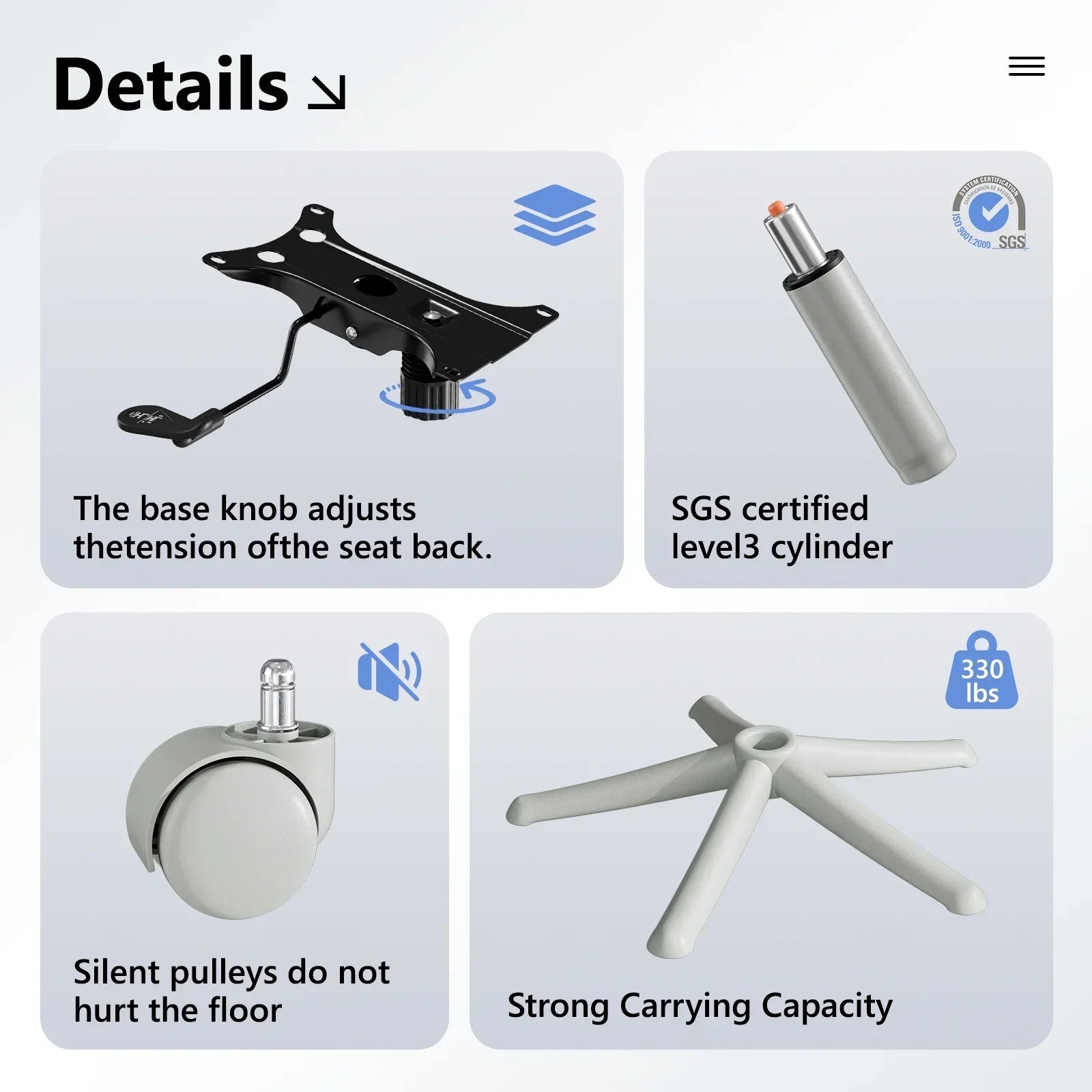 Ergonomic gaming chair parts: adjustable tension knob, SGS certified cylinder, silent casters, 330lb base