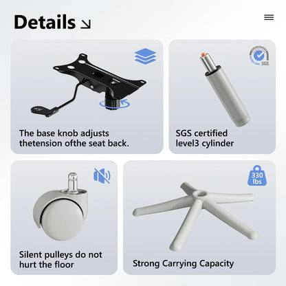 Ergonomic gaming chair parts: adjustable tension knob, SGS certified cylinder, silent casters, 330lb base