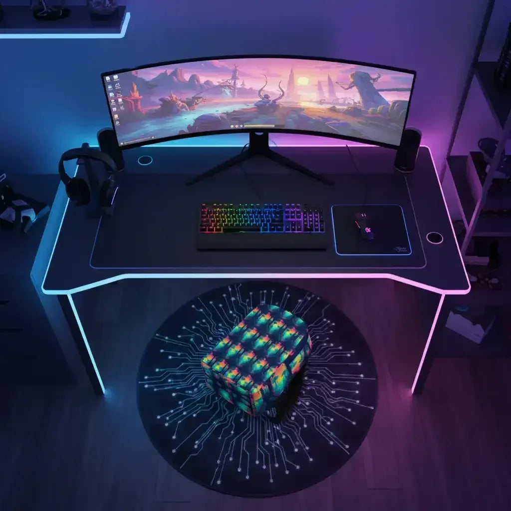 Modern gaming desk setup with curved ultra-wide monitor, RGB keyboard, mouse, headset, and LED-lit desk