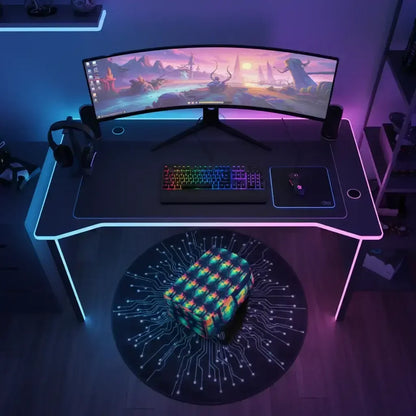 Modern gaming desk setup with curved ultra-wide monitor, RGB keyboard, mouse, headset, and LED-lit desk