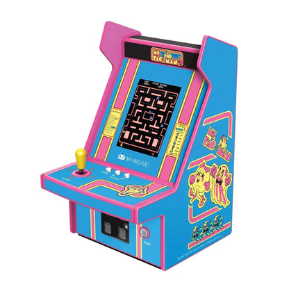 Ms. Pac-Man retro arcade cabinet with 8-bit game graphics, blue and pink design