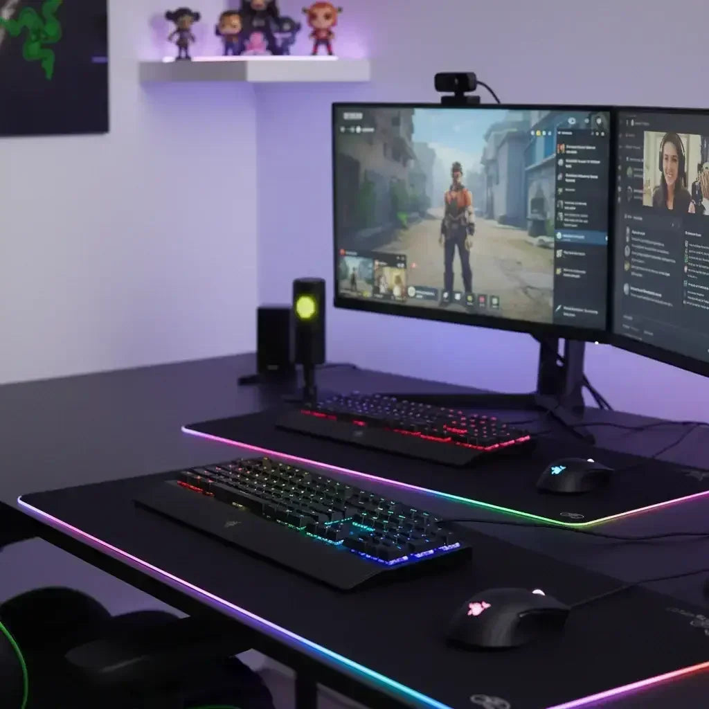 Dual gaming setup with RGB mechanical keyboards, gaming mice, and dual monitors displaying gameplay and chat
