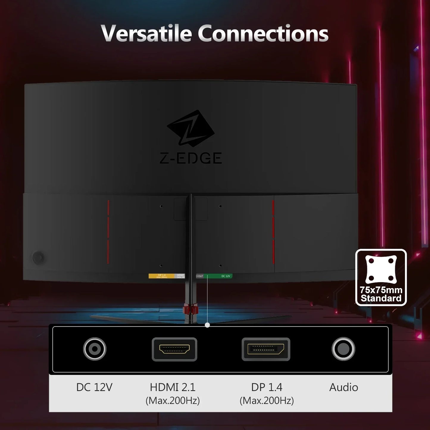 Rear view of Z-EDGE curved gaming monitor showing versatile connections including DC 12V, HDMI 2.1, DP 1.4, and audio ports