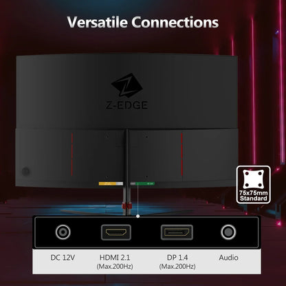 Rear view of Z-EDGE curved gaming monitor showing versatile connections including DC 12V, HDMI 2.1, DP 1.4, and audio ports