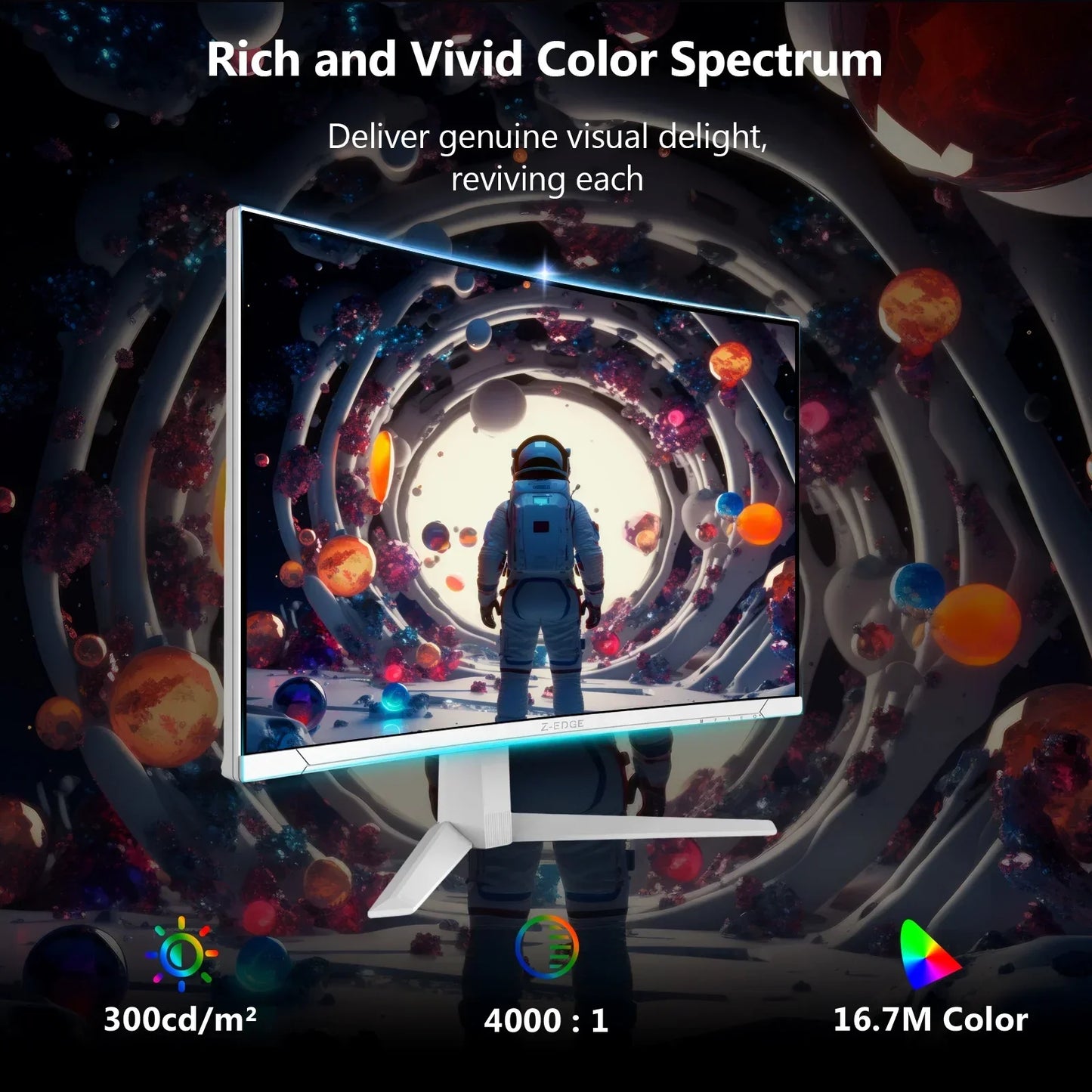 Byte Style Z-Edge gaming monitor displaying an astronaut in a vibrant colorful cosmic tunnel with 300 cd/m² brightness and 4000:1 contrast