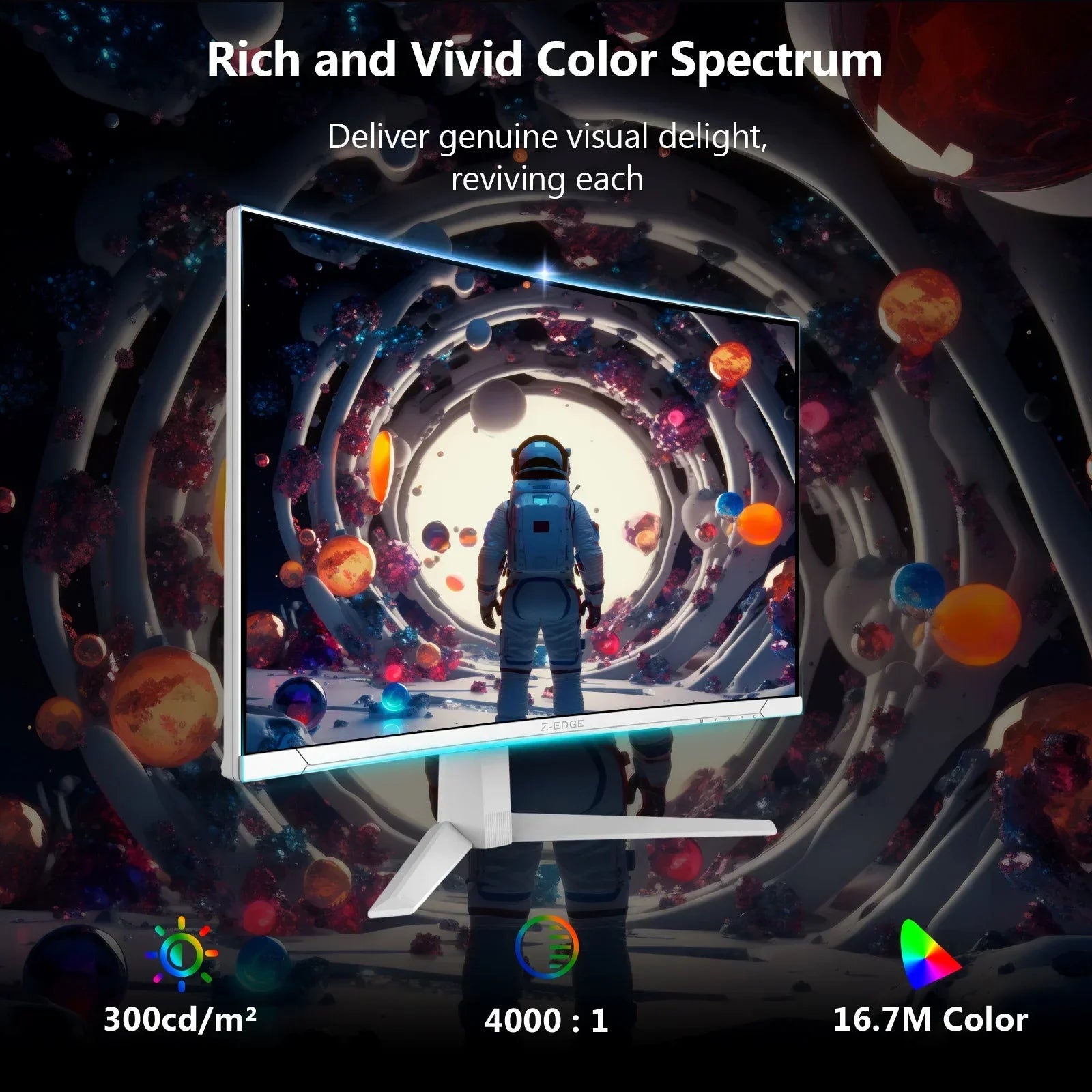 Byte Style Z-Edge gaming monitor displaying an astronaut in a vibrant colorful cosmic tunnel with 300 cd/m² brightness and 4000:1 contrast