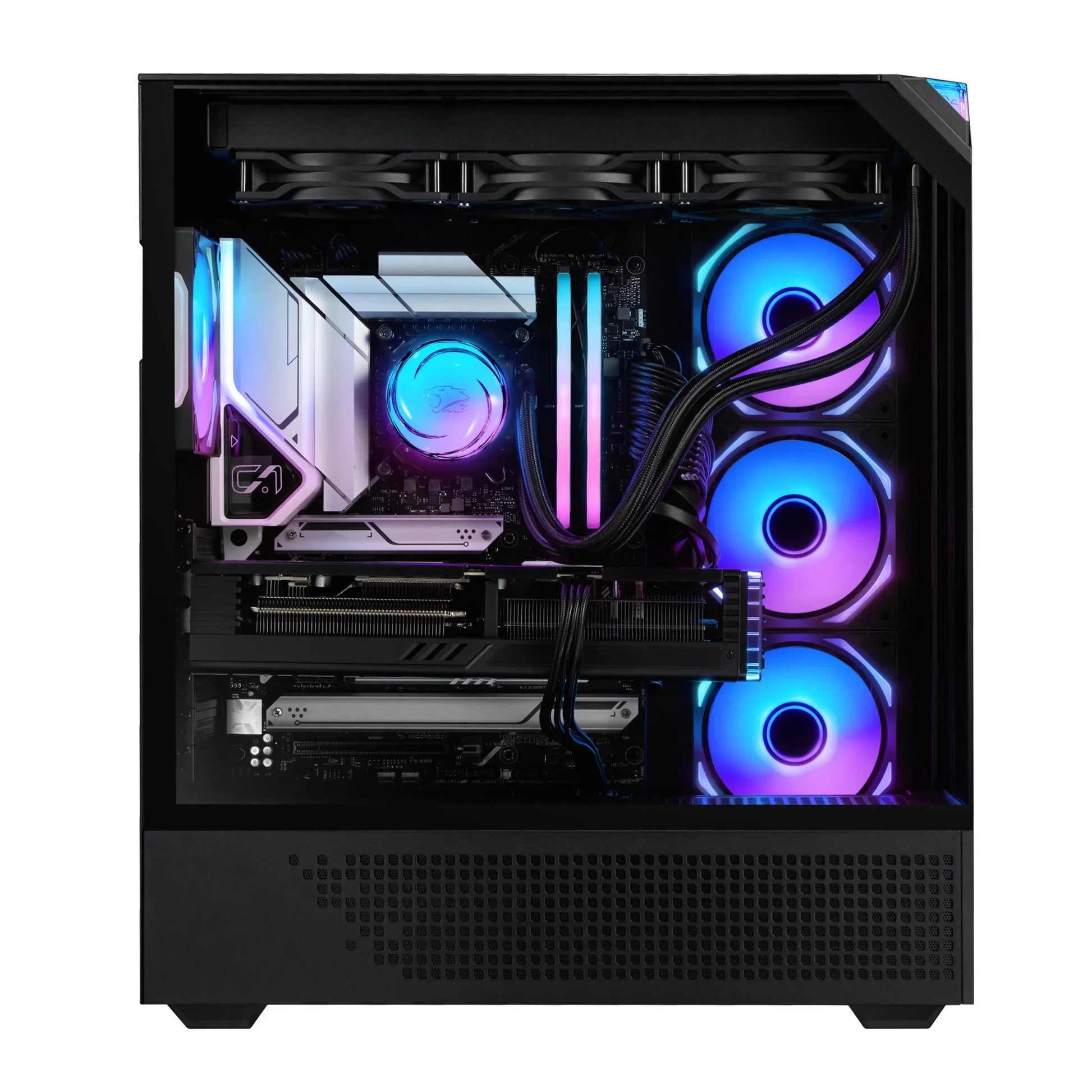 Gaming PC tower with RGB-lit cooling fans, liquid CPU cooler, and high-performance graphics card