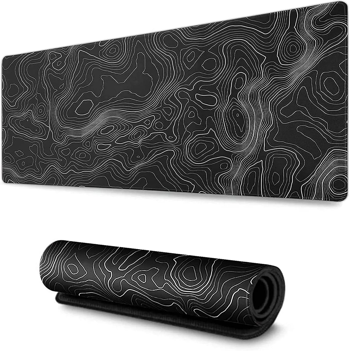 Black extended gaming mouse pad with white abstract contour map pattern, shown flat and rolled