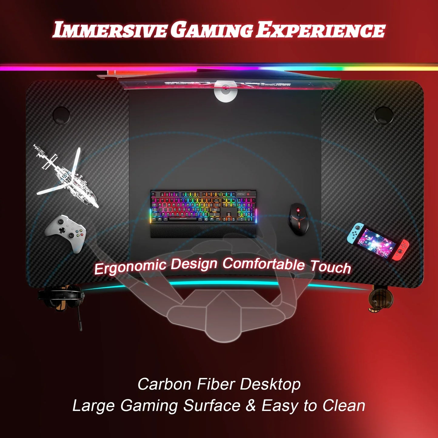 55 Inch Gaming Desk, Ergonomic Gaming Table, Computer Desk with Headphone Hook & Cup Holder