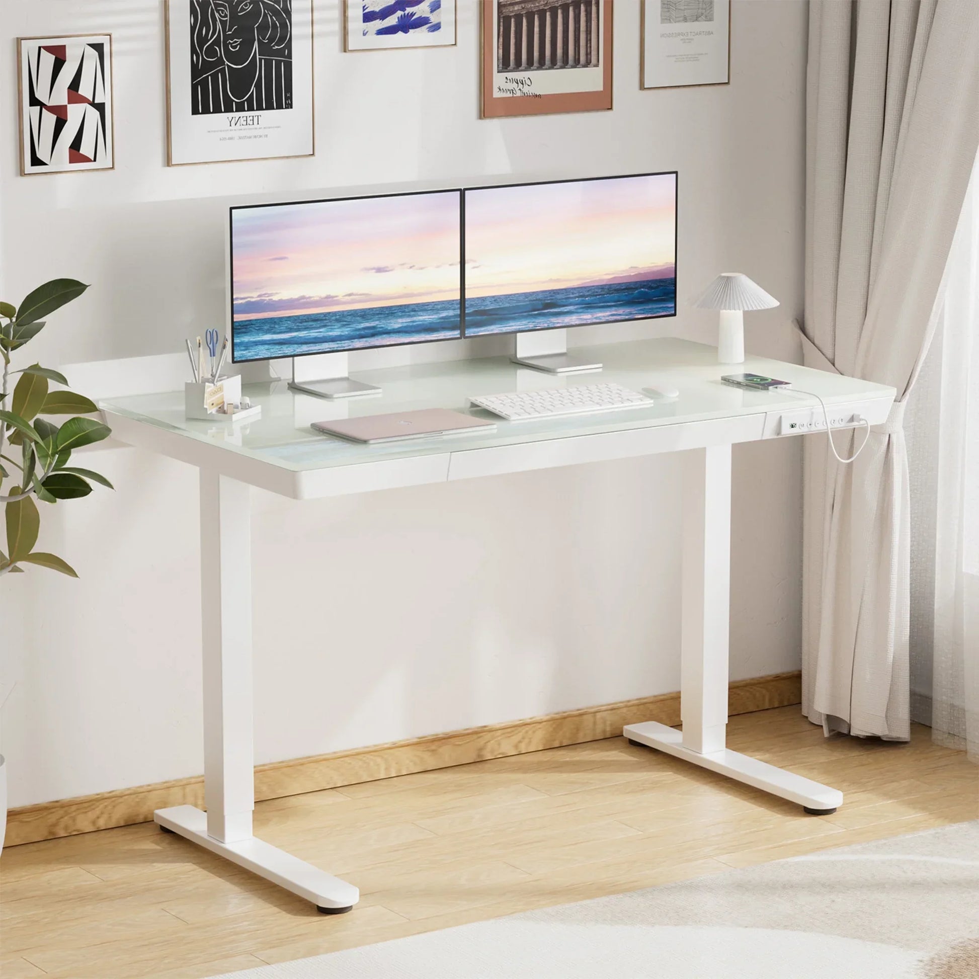 Glass Top Electric Standing Desk with Drawer, 48'' X 24'' Electric Height Adjustable Desk with USB Charging Ports, Sit Stand up for Home Office