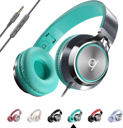 Wired over-ear gaming headphones with teal ear cushions, metal accents, and in-line controls.